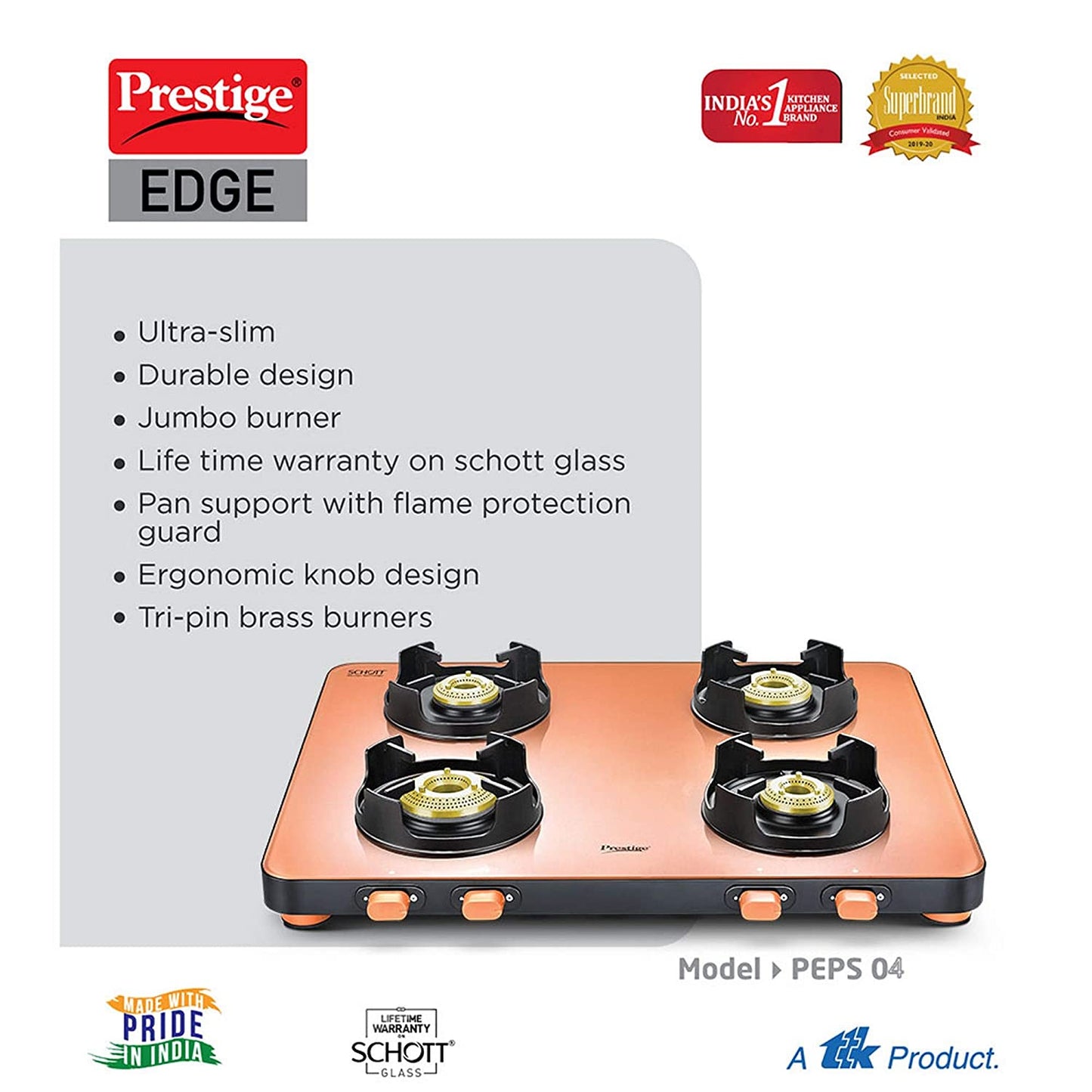 Prestige Edge PEPS 04 Schott Glass Top Gas Stove, 4 Burner
