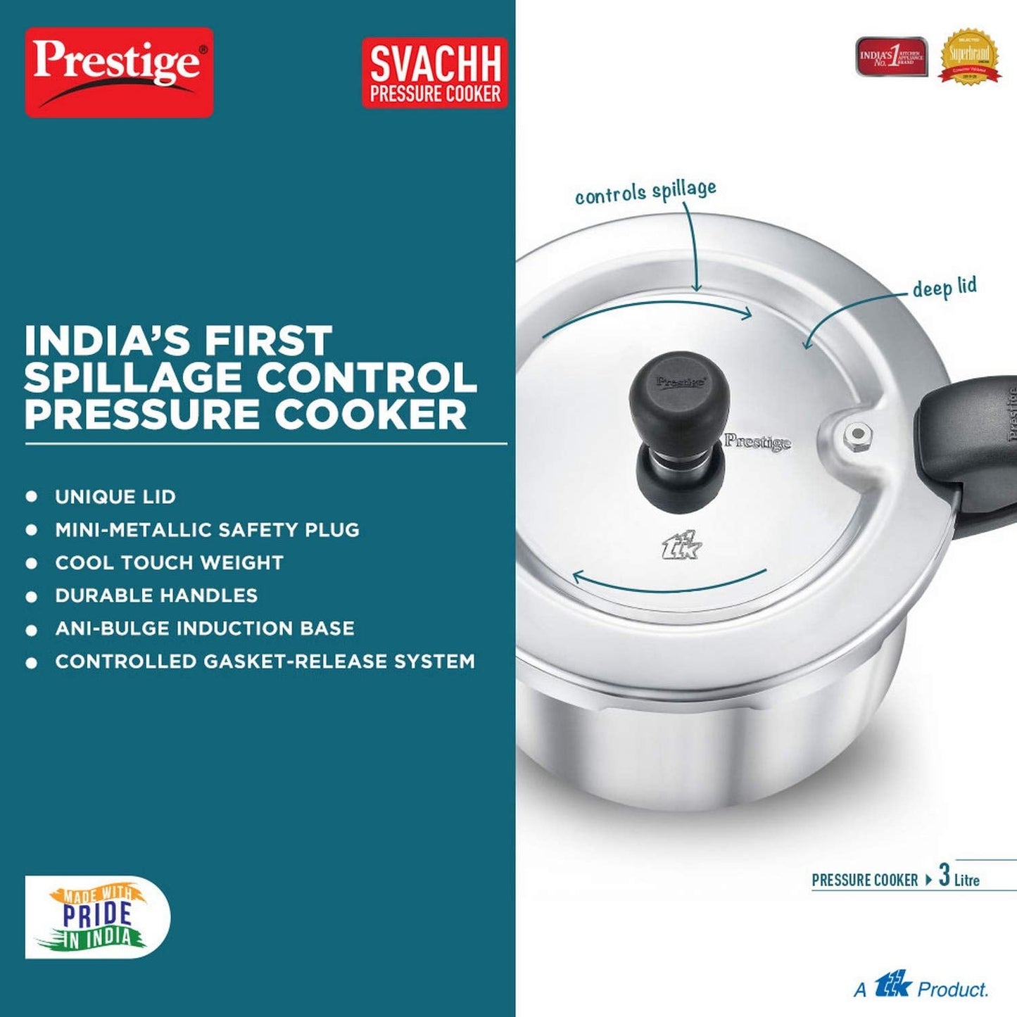 Prestige Svachh Aluminium Induction Base Outer Lid Pressure Cooker, 3 Litres