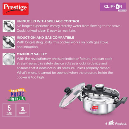 Prestige ClipOn Svachh Stainless Steel Induction Base Inner Lid Pressure Cooker, 3 Litres