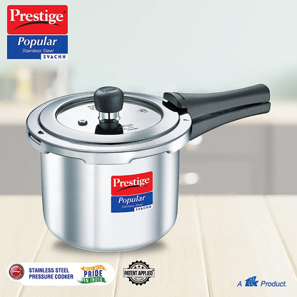 Prestige Popular Stainless Steel Svachh Spillage Control Stainless Steel Induction Base Outer Lid Pressure Cooker, 3 Litres
