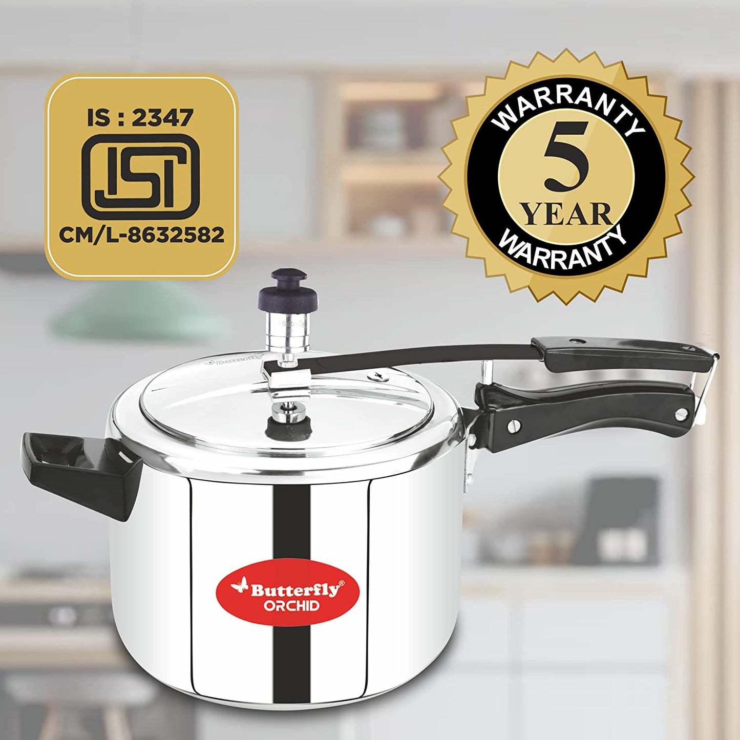 Butterfly Orchid Stainless Steel Induction Base Inner Lid Pressure Cooker, 5 Litres