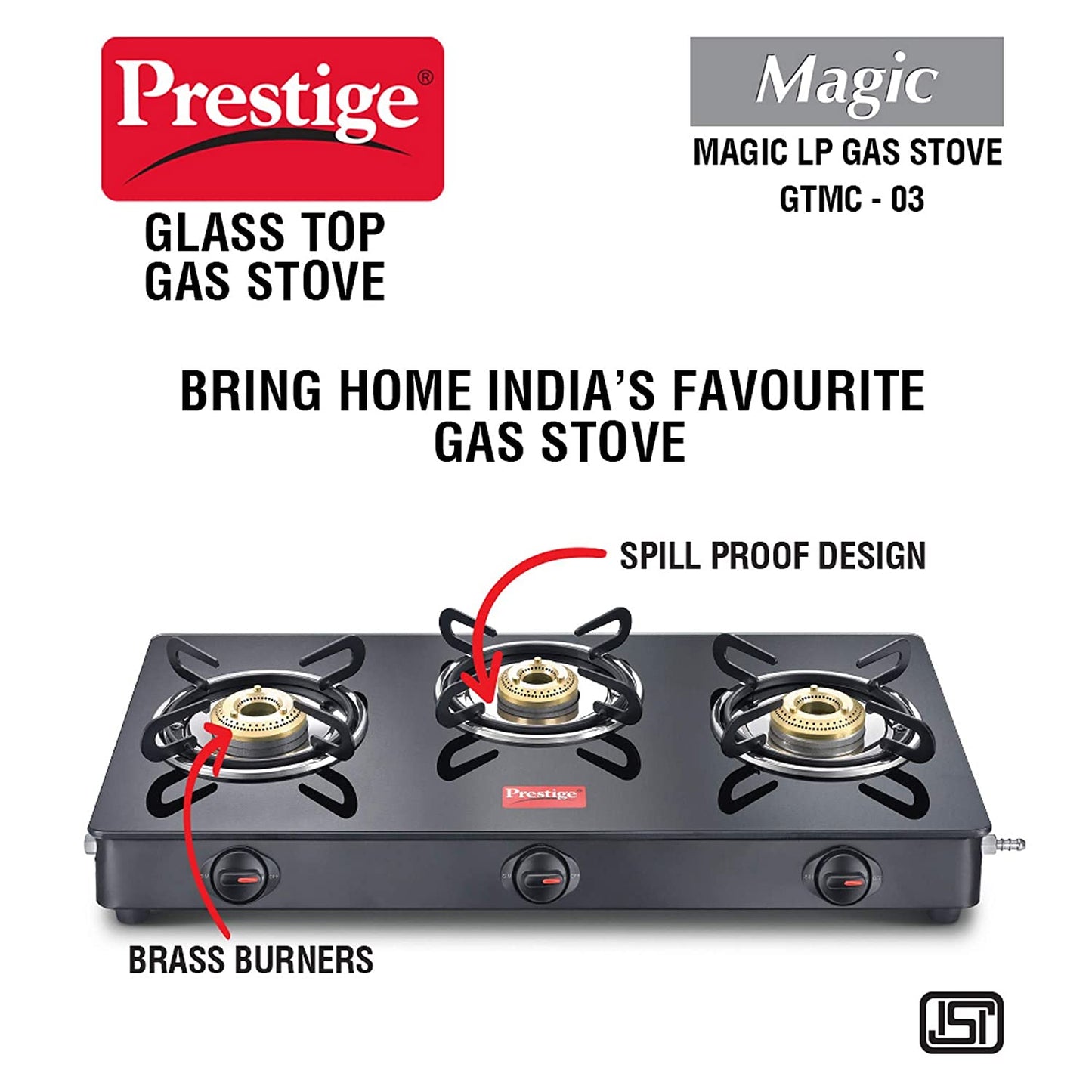 Prestige Magic GTMC 03 Toughened Glass Top Gas Stove, 3 Burner