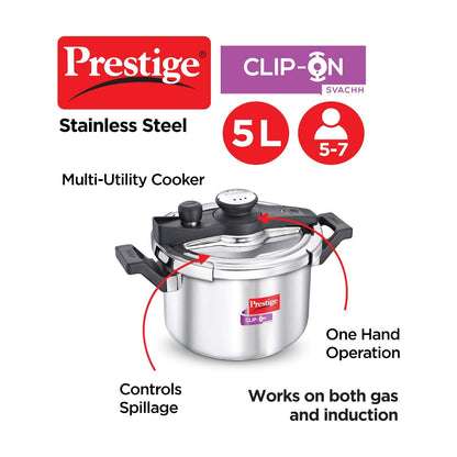 Prestige ClipOn Svachh Stainless Steel Induction Base Inner Lid Pressure Cooker, 5 Litres