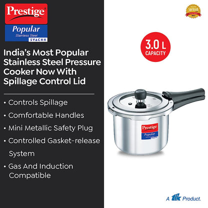 Prestige Popular Stainless Steel Svachh Spillage Control Stainless Steel Induction Base Outer Lid Pressure Cooker, 3 Litres