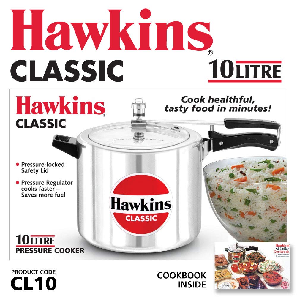 Hawkins Classic Aluminium Non-Induction Base Inner Lid Pressure Cooker, 10 Litres