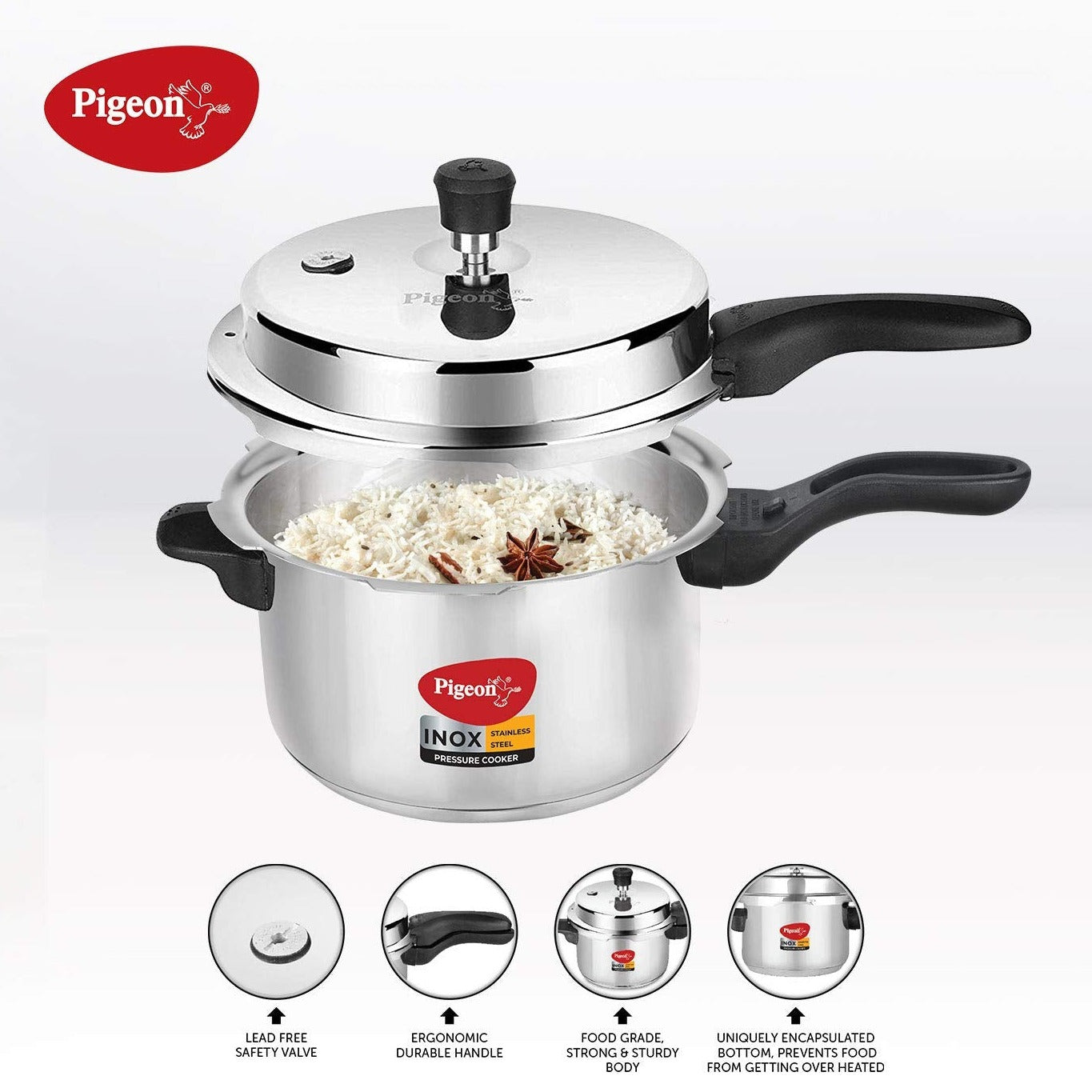 Pigeon Inox Stainless Steel Induction Base Outer Lid Pressure Cooker, 3 Litres