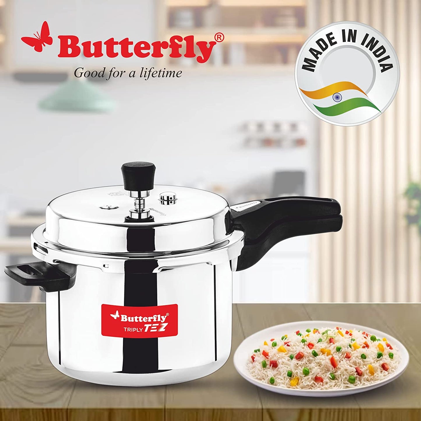 Butterfly Tez Triply Stainless Steel Induction Base Outer Lid Pressure Cooker, 3 Litres