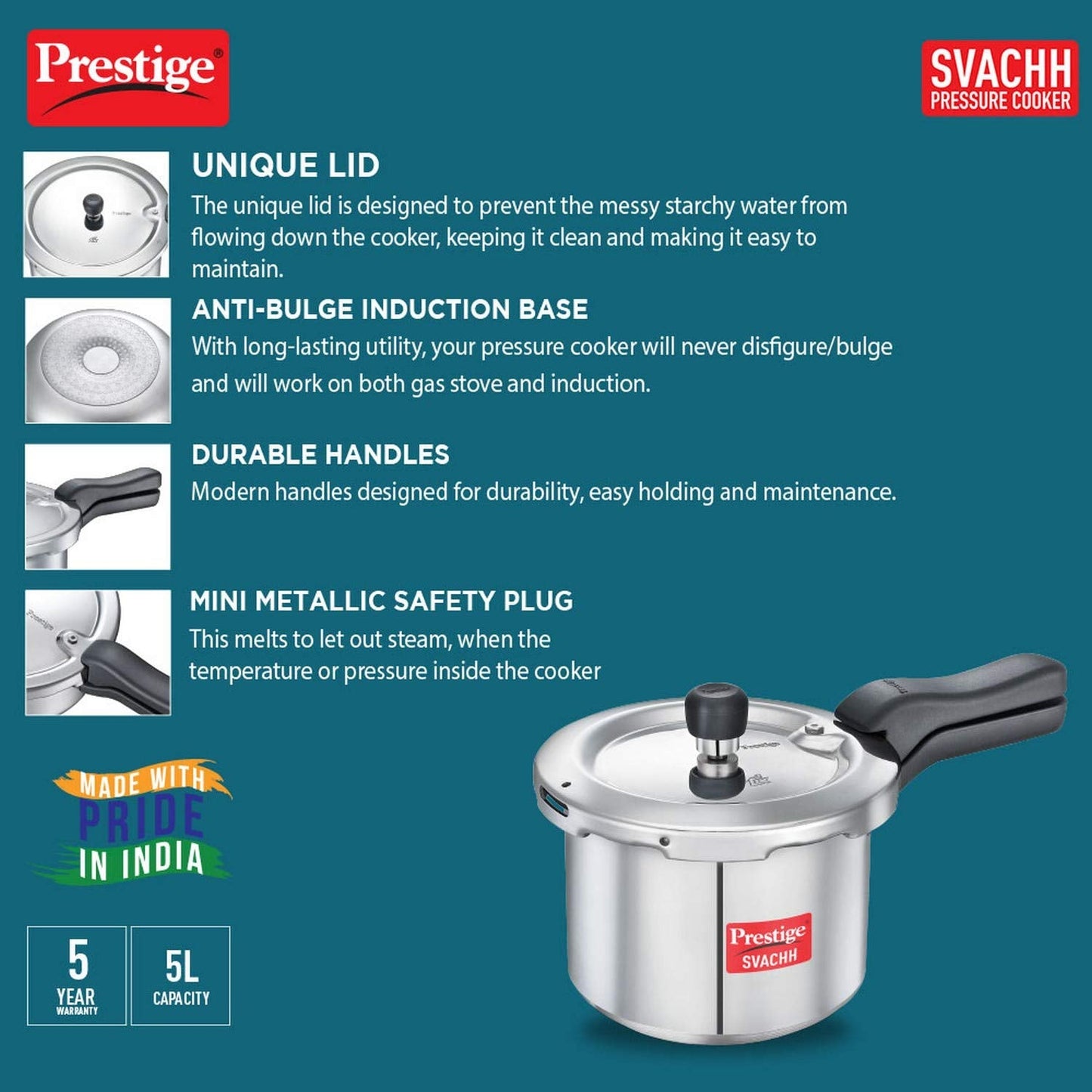 Prestige Svachh Aluminium Induction Base Outer Lid Pressure Cooker, 5 Litres