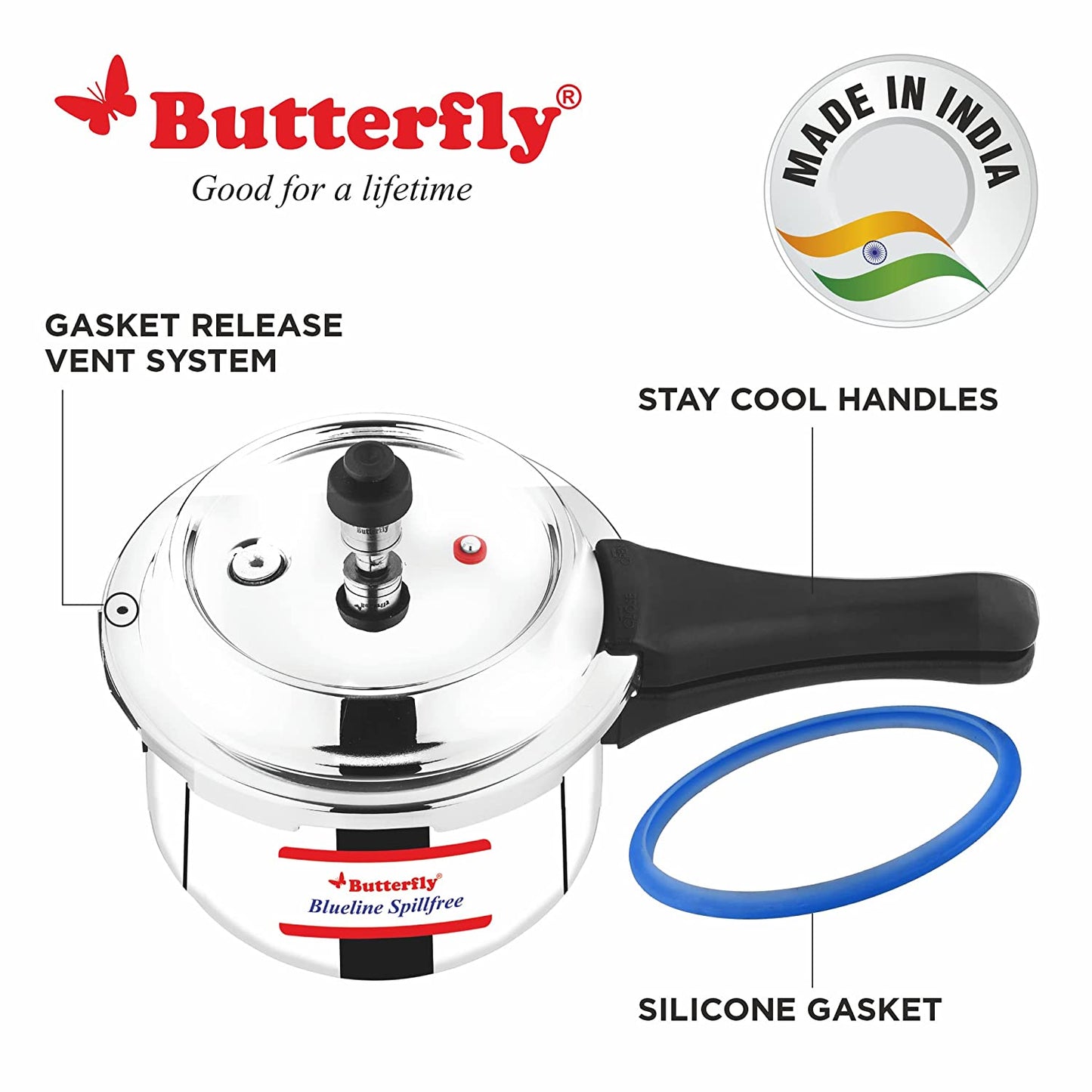 Butterfly Blueline Spillfree Stainless Steel Induction Base Outer Lid Pressure Cooker, 2 Litres