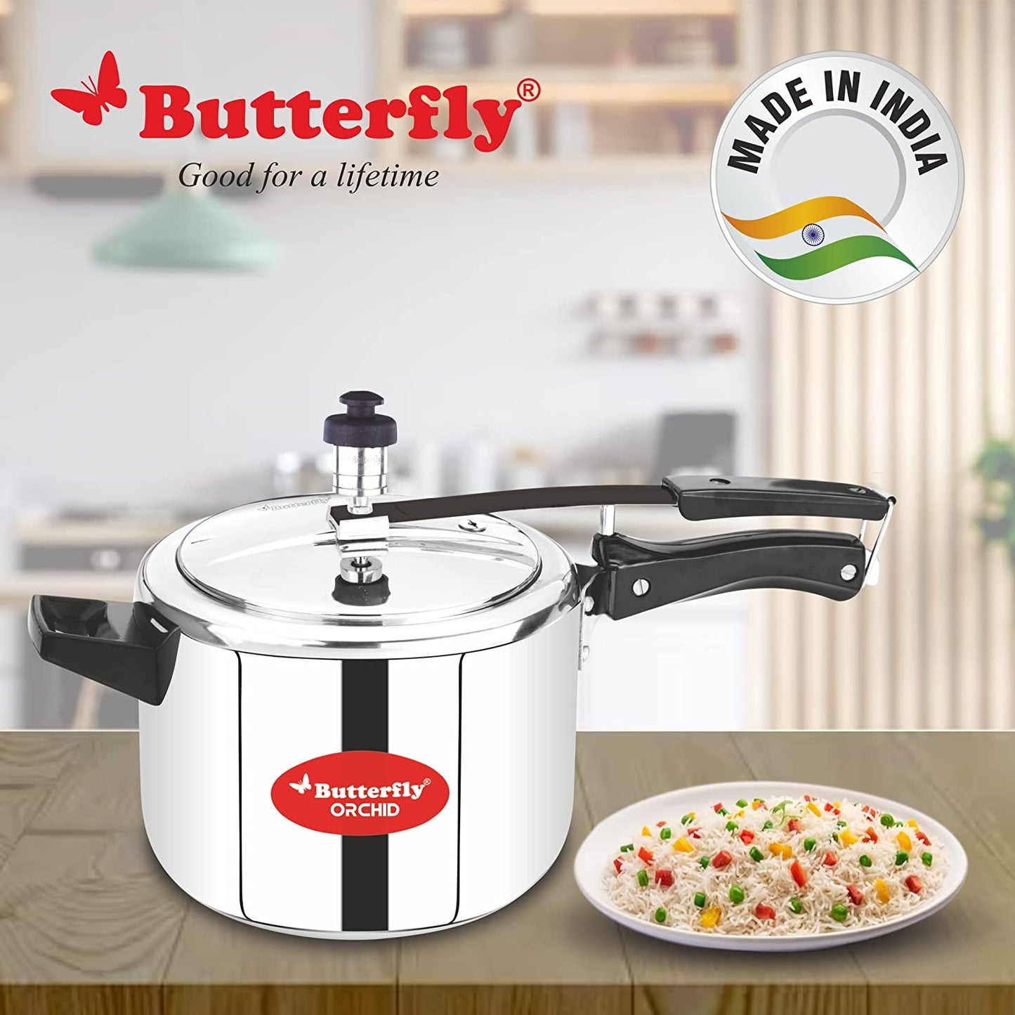 Butterfly Orchid Stainless Steel Induction Base Inner Lid Pressure Cooker, 5 Litres