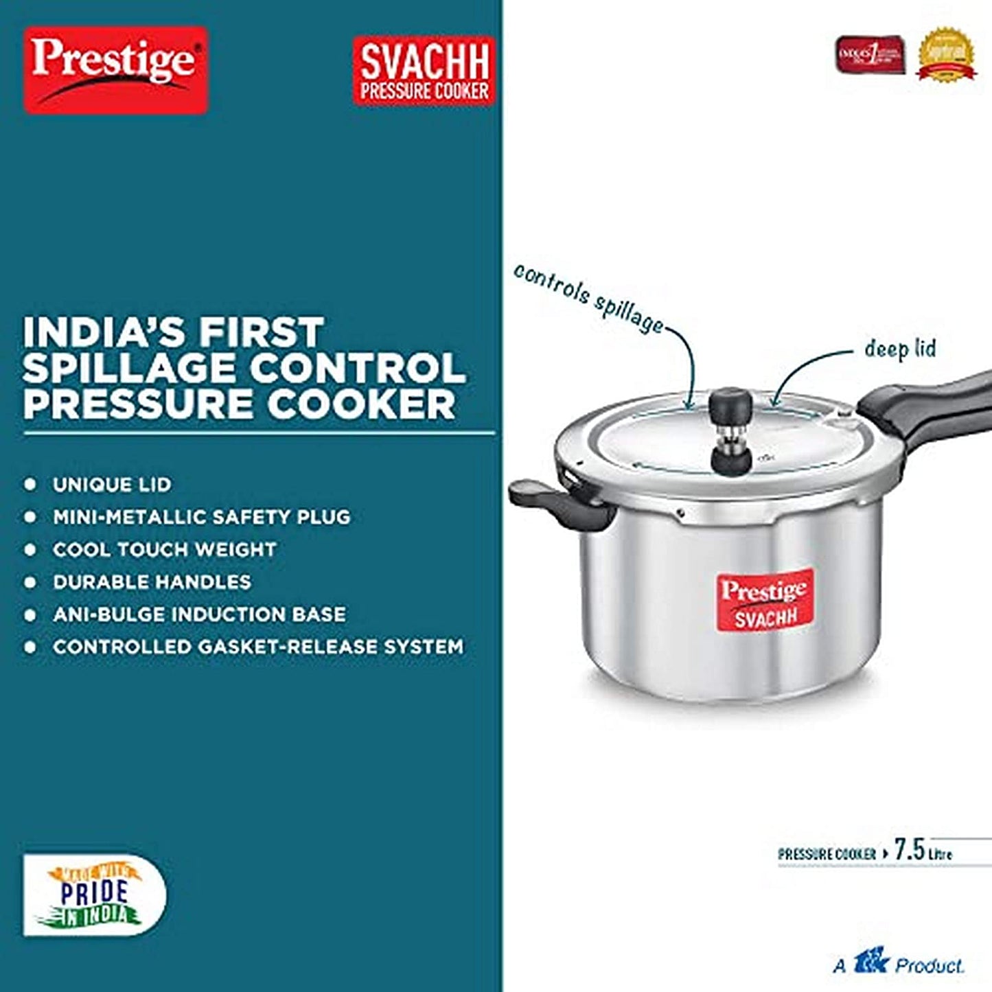 Prestige Svachh Aluminium Induction Base Outer Lid Pressure Cooker, 7.5 Litres