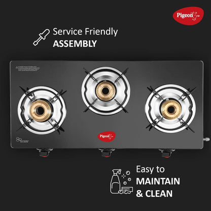 Pigeon Ayush Stainless Steel Toughened Glass Top Gas Stove, 3 Burner