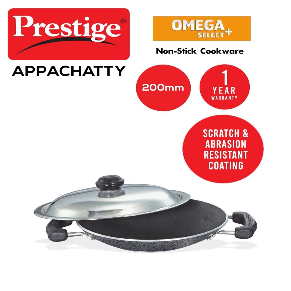 Prestige Omega Select Plus Aluminium Non-Induction Base Non-Stick Deep Appachatty with Lid, 200MM