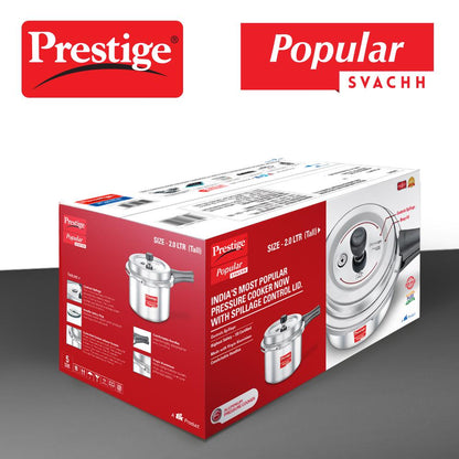 Prestige Popular Svachh Aluminium Non-Induction Base Outer Lid Pressure Cooker, 2 Litres Tall