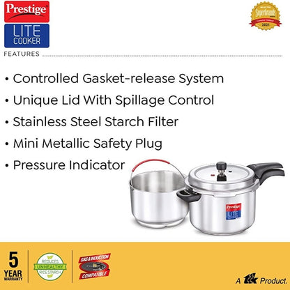 Prestige Svachh Lite Stainless Steel Spillage Control Outer Lid Pressure Cooker, 4 Litres with Stainless Steel Starch Filter