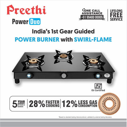 Preethi Blu Flame Sparkle Power Duo GTS-403 Toughened Glass Top Gas Stove, 3 Burner