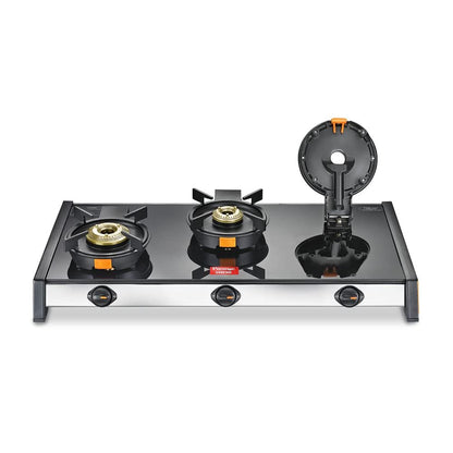 Prestige Svachh GTSV 03 Toughened Glass Top Gas Stove with Liftable Burner Set, 3 Burners