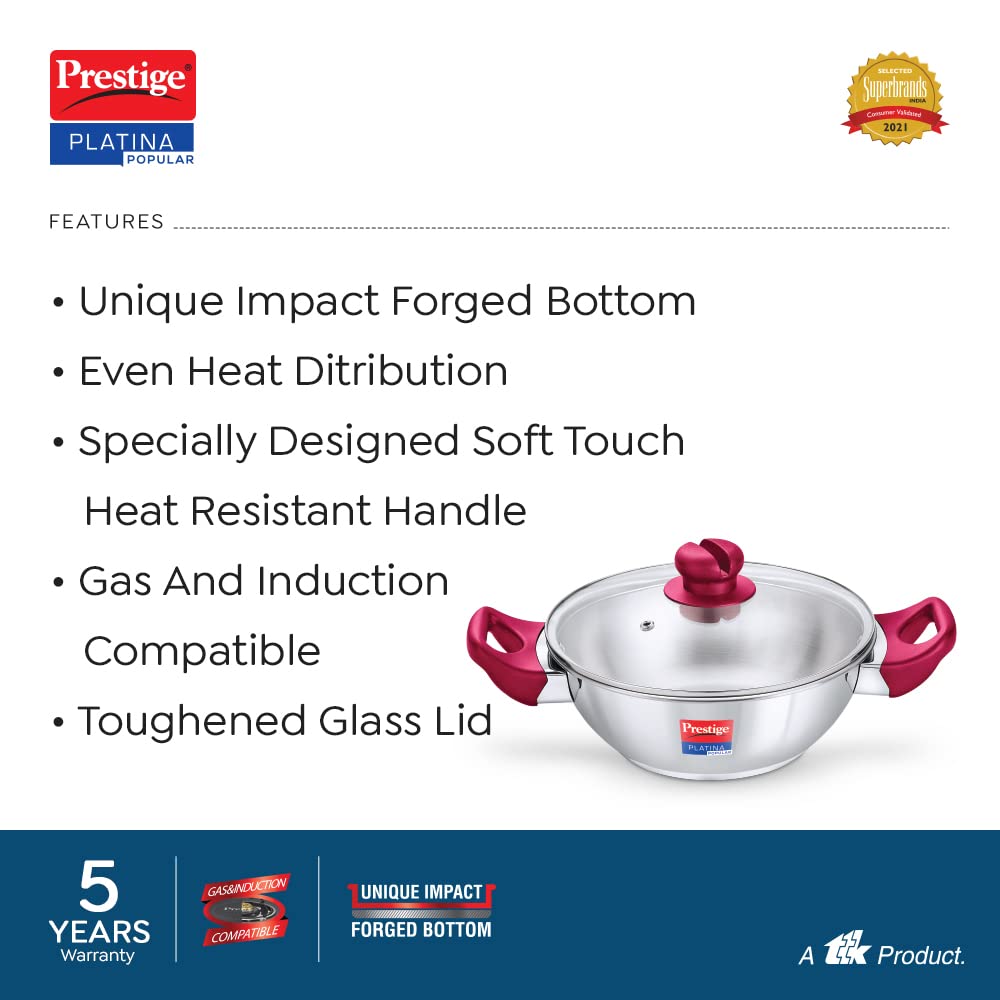 Prestige Platina Popular Stainless Steel Unique Impact Forged Bottom Kadai with Toughened Glass Lid