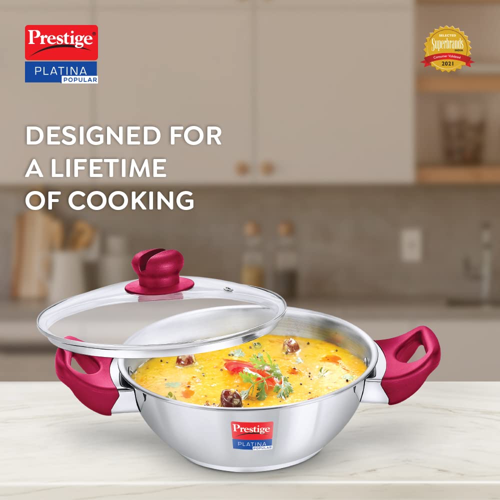 Prestige Platina Popular Stainless Steel Unique Impact Forged Bottom Kadai with Toughened Glass Lid