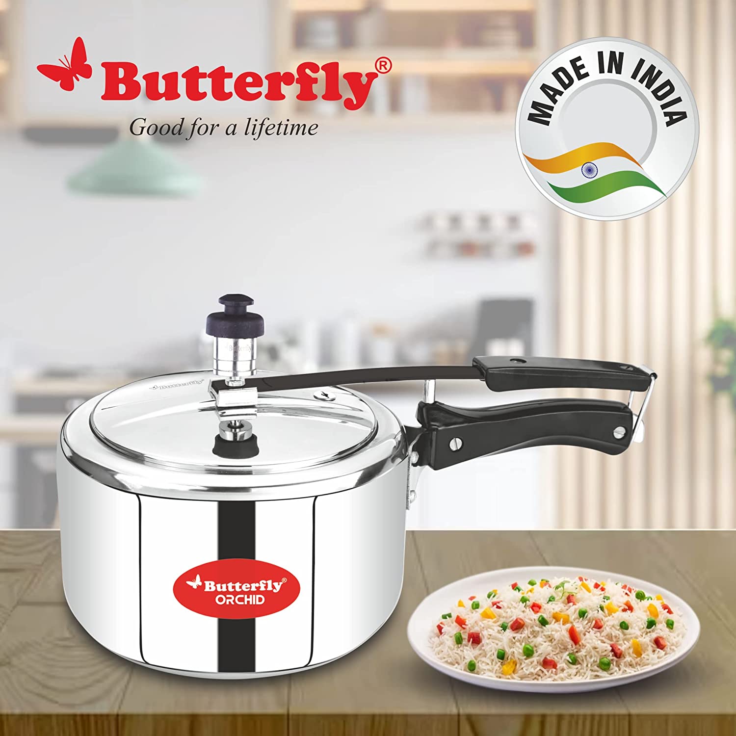 Butterfly Orchid Stainless Steel Induction Base Inner Lid Pressure Cooker, 2 Litres